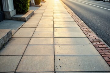 Obraz premium Golden Hour Pavement Sunlight Illuminates a City Sidewalk's Textured Surface Next to a Brick-Edged Road