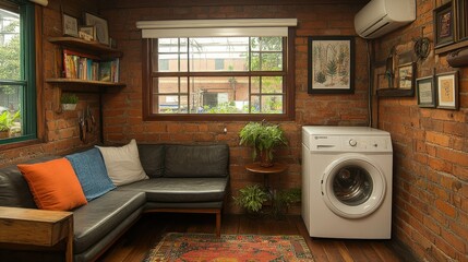 Cozy Brick Room Interior Design with Leather Couch and Washer