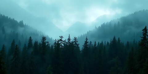 Misty Mountain Majesty: A breathtaking panorama of towering pines silhouetted against a backdrop of ethereal mist, creating a serene and mysterious atmosphere.