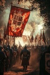 Obraz premium A dynamic shot of a historical reenactment with knights and banners displaying intricate heraldry