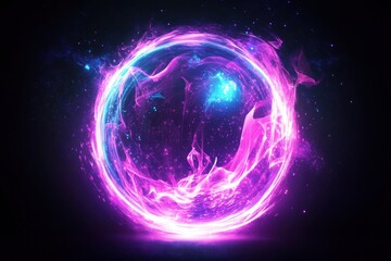 Abstract neon energy sphere of particles and waves of magical glowing on a dark background