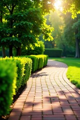 Obraz premium Serene Garden Path Sunlit Brick Walkway Meandering Through Lush Green Hedges and Trees on a Summer Day