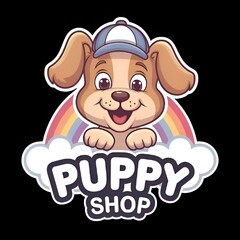 Fototapeta premium Cheerful puppy mascot logo with floppy ears, playful cap, and a joyful smile. Perfect for pet shops, pet care businesses, or playful branding. Simple, cute design with pastel colors and bold, rounded 