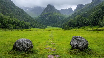 Mountain valley path, green meadow, rocks, cloudy sky, nature travel photography