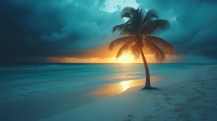Fototapeta premium Solitary Palm Tree at Sunset on Tropical Beach
