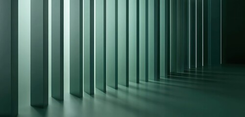 Obraz premium Craft minimalist vertical lines on a green backdrop with reflections for a clean design.