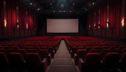 Obraz premium Empty red seats in a large movie theater with a blank screen.
