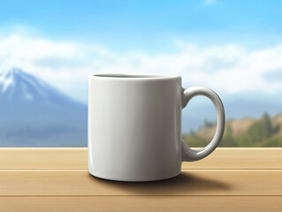 Obraz premium White ceramic mug rustic wooden breathtaking mountain view serene alpine landscape clear sky natural scenery outdoor lifestyle branding visual drink cozy calm vista blank mockup camping lake cup