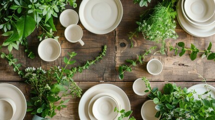 Rustic Table Setting with Fresh Herbs and Flowers