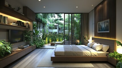 Serene Modern Bedroom with Garden View