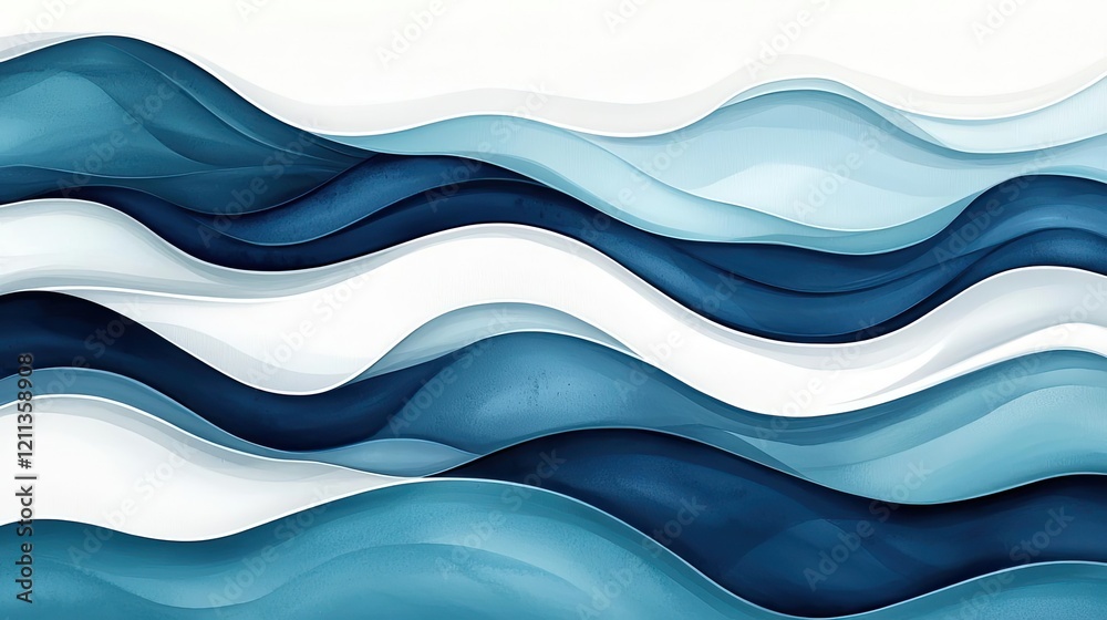 Poster Water watercolor concept. Abstract waves in shades of blue, creating a soothing visual flow and serene atmosphere.