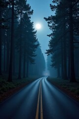 Obraz premium Serene Night Road Winding Through an Enchanting Forest Under a Full Moon's Gentle Glow