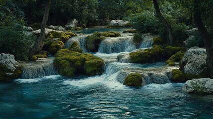 Naklejka premium Serene cascading waters flow through lush greenery in a tranquil natural setting during the daytime. Generative AI