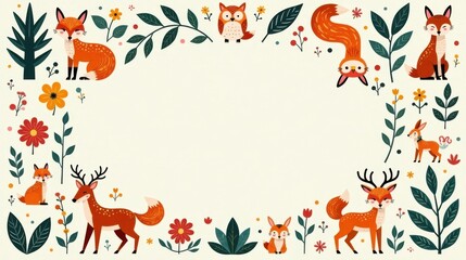 Charming Woodland Creatures Frame with Floral Accents, Perfect for Seasonal Designs and Invitations