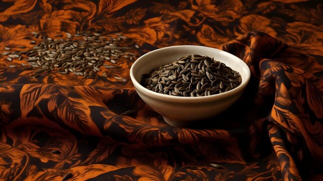 Close up shot of a small ceramic bowl filled with aromatic cumin seeds resting on a patterned cloth with an earthy textured background in a 16 9 aspect