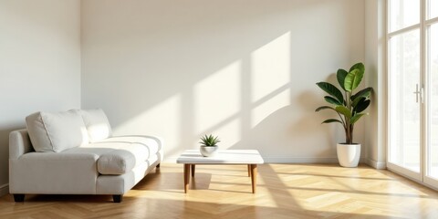 Sunlight Illuminates Minimalist Living Room with Modern Sofa and Coffee Table Featuring Potted Plants