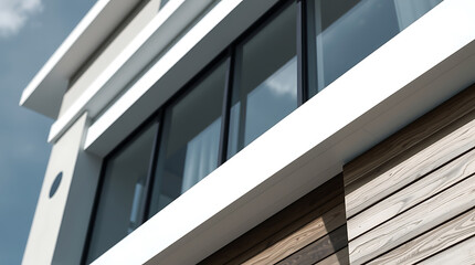 Obraz premium Modern Architectural Design: Sleek Exterior with Wood and Glass. Contemporary Home showcasing clean lines and stunning facade. Ideal for real estate and architecture enthusiasts.