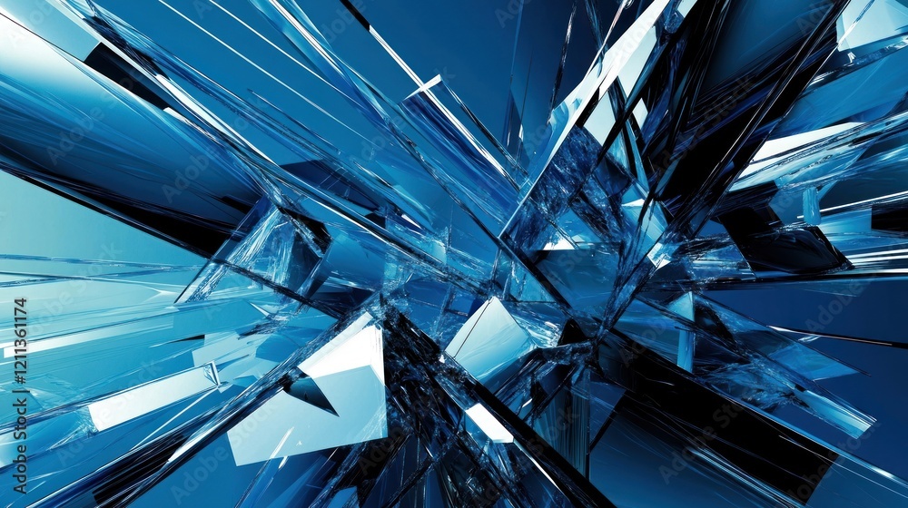 Poster abstract blue crystal shards exploding; futuristic tech background; website banner