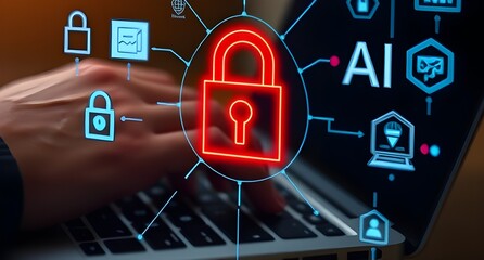 A hand types on a laptop keyboard with a blue padlock icon on the screen, representing online security and AI technology.