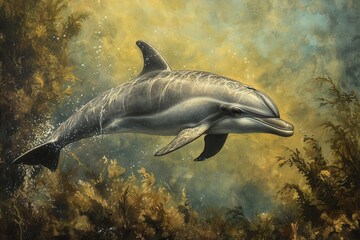 bowl-headed dolphin swimming underwater, its unique head shape and sleek body flowing gracefully through the water,