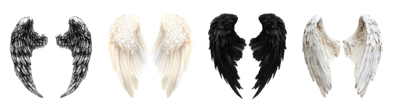 Four pairs of angel wings in contrasting colors, showcasing intricate details and textures, perfect for creative designs.