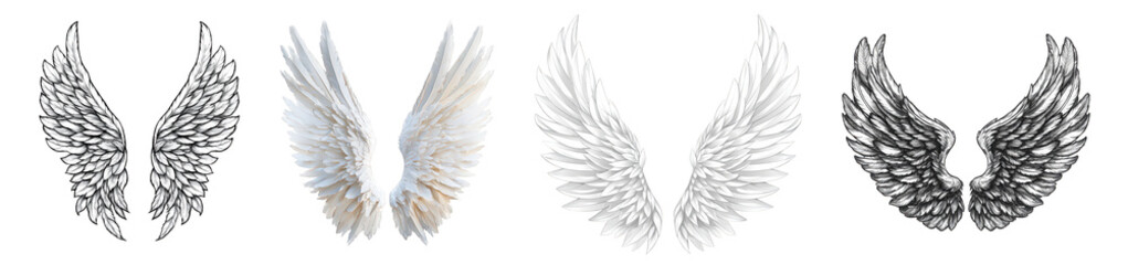 Four artistic representations of angel wings in various styles and colors, showcasing intricate feather details.