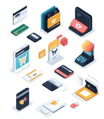 online shopping icons, featuring various payment elements like credit cards, bank transfers, and mobile payments.