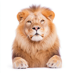 Obraz premium Majestic lion with regal mane resting on white background, close up wildlife portrait, powerful king of the jungle