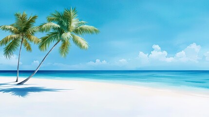 Fototapeta premium Tropical watercolor idea. A serene beach scene with gentle waves and palm trees under a blue sky.