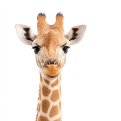 Fototapeta premium Close up of a majestic giraffe with striking patterns and gentle expression on a white background