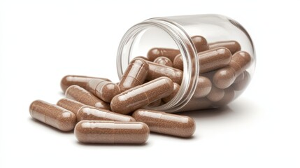 A close-up view of brown capsules spilling from a transparent jar, highlighting a modern approach to dietary supplements.