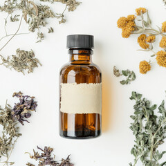 Glass bottle with dried herbs on white background for alternative medicine and aromatherapy concept