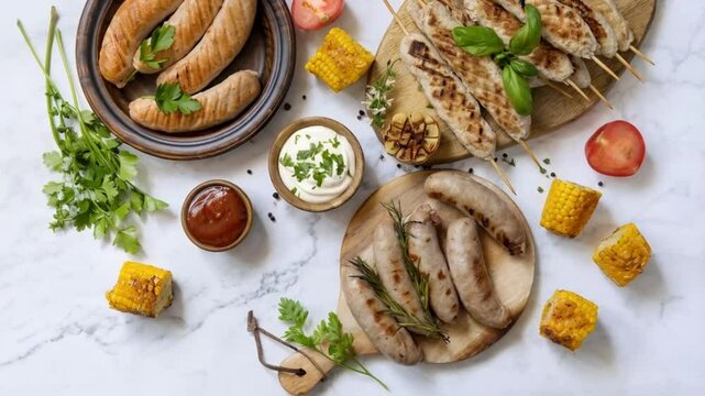 Delicious grilled sausage variety with gourmet sauces and fresh garnishes on marble background