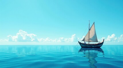 Fototapeta premium Serene sailboat journey across tranquil ocean waters under a vibrant blue sky with fluffy clouds