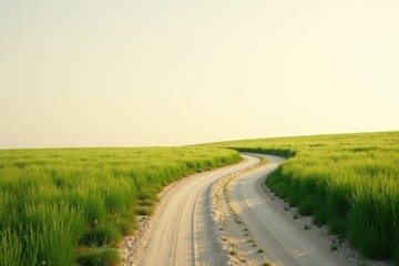 Naklejka premium Serene Meadow Path A Winding Dirt Road Through Lush Green Grass Under a Calm Sky
