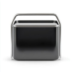 Modern black metal lunch box with handle isolated on white background minimalistic design