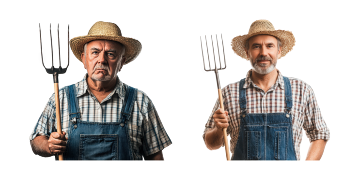 Two mature male farmers, one with a serious expression and one smiling, both holding a pitchfork in a bright setting.