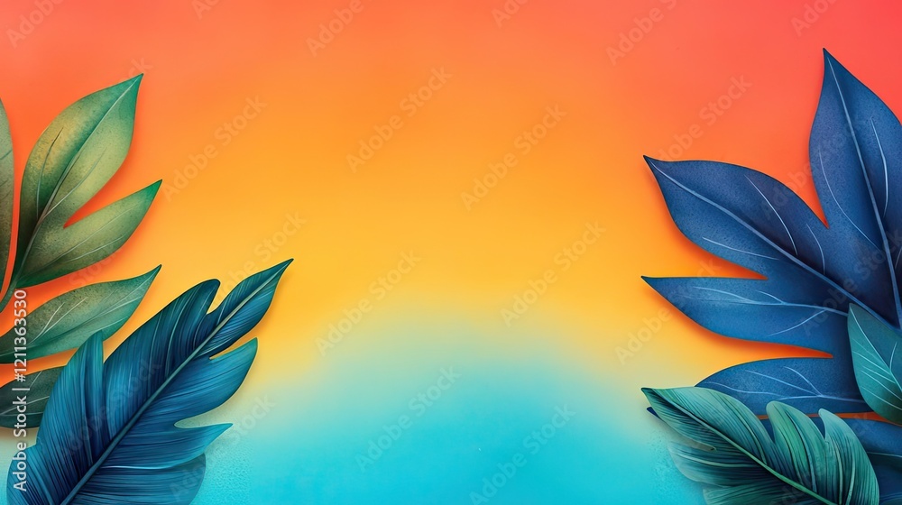 Poster Tropical watercolor idea. Vibrant gradient background with tropical leaves creating a serene atmosphere.