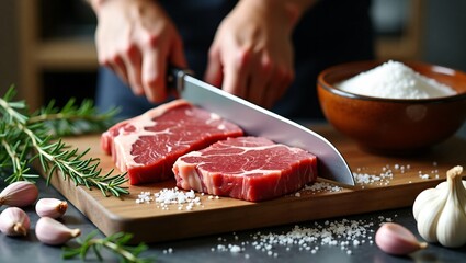 Freshly Sliced Steak on Butcher’s Block with Rosemary, Garlic, and Sea Salt