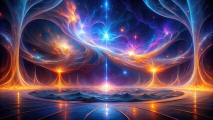 Cosmic Convergence An Enigmatic Celestial Landscape Featuring Glowing Energy Pillars and a Mystical, Reflective Platform
