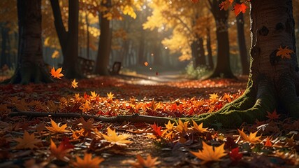 Magical Autumn Forest Path with Golden Sunlight and Mist V1