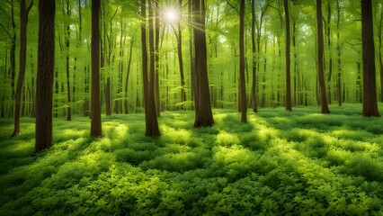Fototapeta premium Sunbeams illuminate a lush green forest floor carpeted with vibrant undergrowth, creating a serene and magical springtime scene.