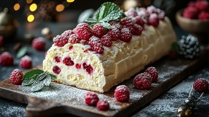 Delicious Raspberry Yule Log Christmas Cake