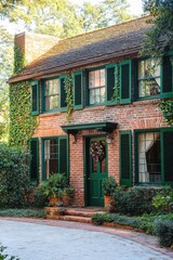 A charming classic brick house adorned with vibrant green shutters is surrounded by lush greenery, all nestled in a peaceful suburban neighborhood bathed in daylight