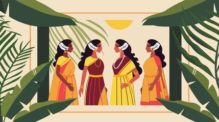 Traditional Kerala Women Celebrating Onam Festival in Flat Vector Illustration