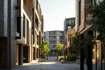 Modern urban architecture showcases a vibrant street lined with contemporary buildings and greenery in the afternoon light