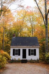 Nestled within a tranquil forest, this charming white cottage is beautifully encircled by the vibrant hues of autumn foliage, creating a picturesque retreat