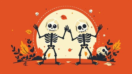 Cheerful Skeletons and Skull Flat Vector Illustration