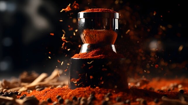 Close up of a spice grinder in motion with various spices like paprika cinnamon and cumin flying around on a clean white background