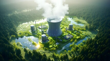 Aerial perspective showcasing a modern nuclear power plant surrounded by lush greenery and a harmonious natural landscape highlighting the facility s eco friendly and sustainable energy